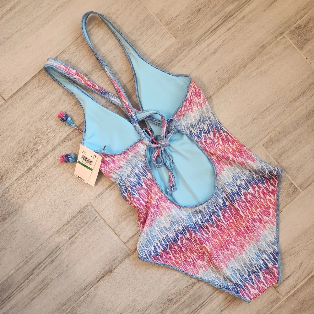 Becca swimsuit L blue pink glitter one piece Joshua Tree plunge deepV new $160